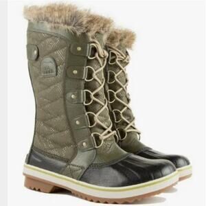 Sorel Tofino II Boots Waterproof Waxed Canvas Faux Fur Green Women's Size 6